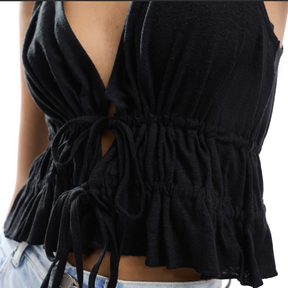 NEW 🔥 ASOS Design Linen Look Tie Front Top in Black Size Small - Picture 2 of 5